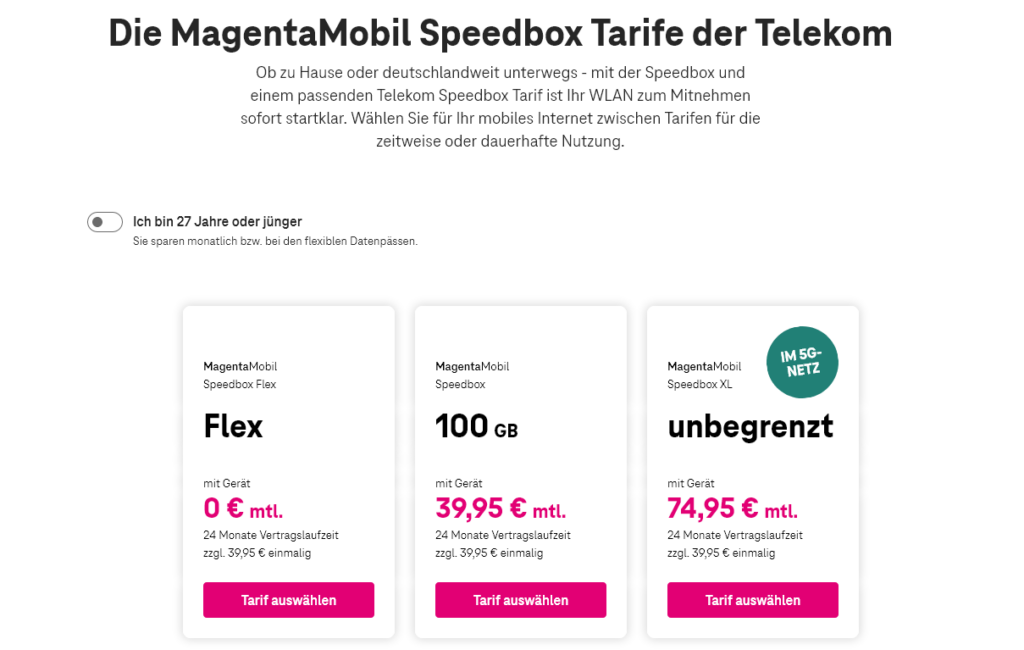 Telekom Speedbox mit 3 Tarif-Varianten